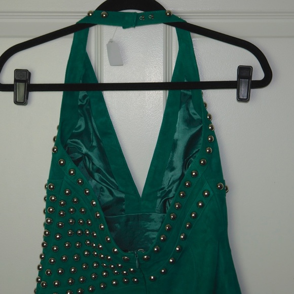 NWT X by NBD Nomi Green Suede Studded Halter Mini Dress Open Back Fringe Size XS - Picture 5 of 12